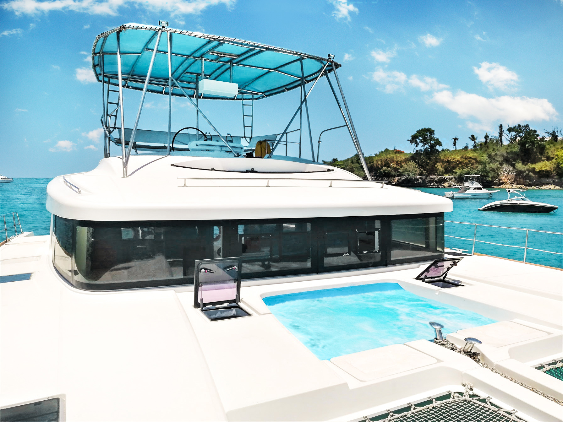 Luxury onboard saltwater plunge pool on the party boat deck